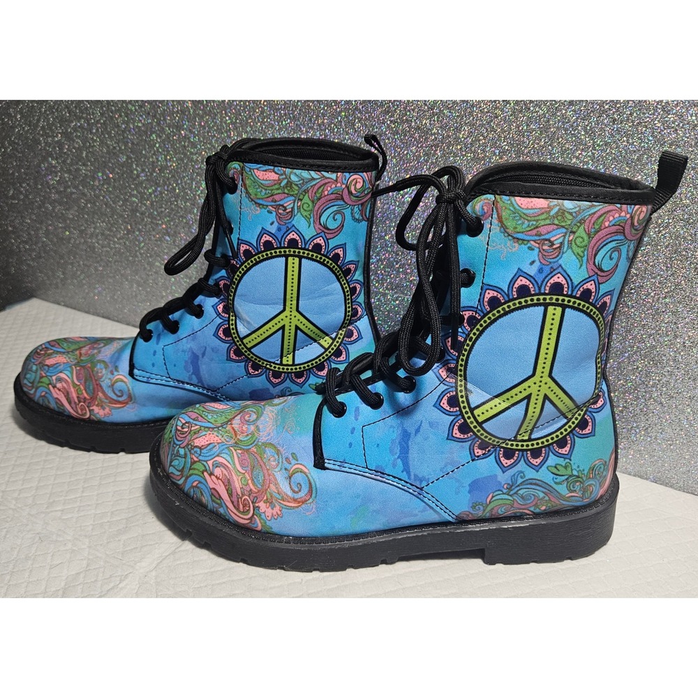 Peace Sign Psychedelic Mandala Paisley‎ Blue Combat Boots Lace Up Lug Sole M6 W8
